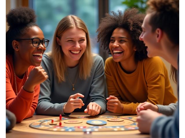 Grupo de amigos riendo y disfrutando de una noche de juegos