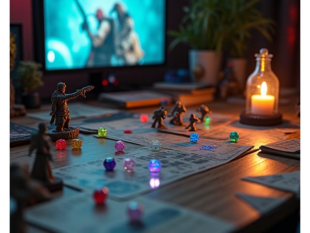 Mesa de juego de rol con dados, miniaturas y mapas