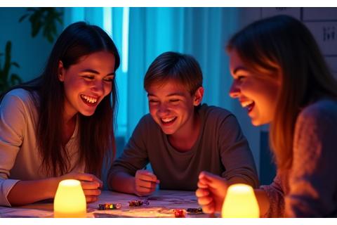 Grupo de amigos riendo en una noche de juegos de misterio y rol